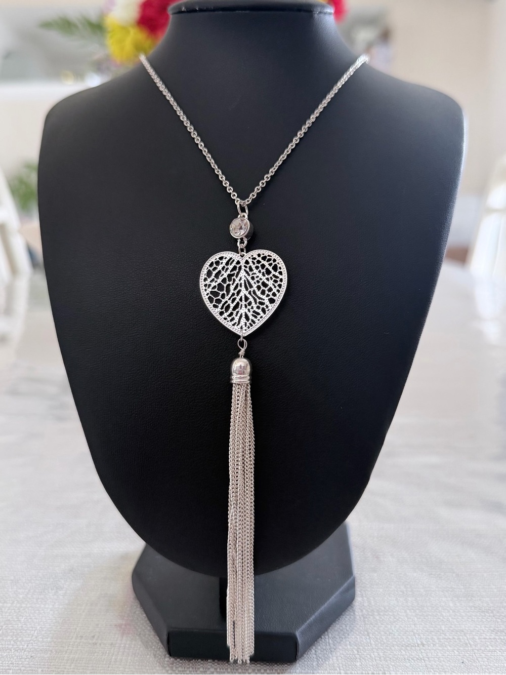 Lauren Conrad Silver Heart Filigree Tassel Necklace - 32 in